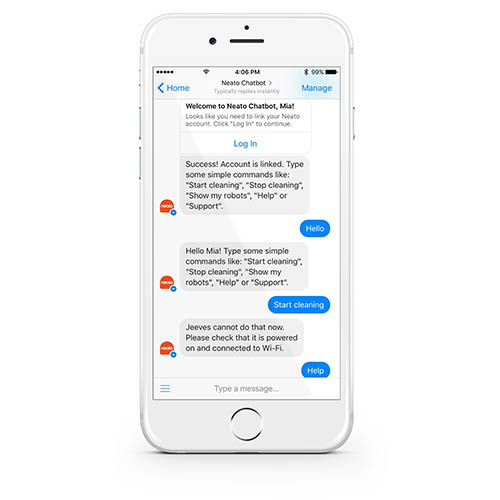 Neato Chatbot communicating through Facebook's Messenger app